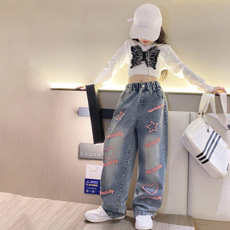 Весенние свободные прямые джинсы для девочек с вышивкой