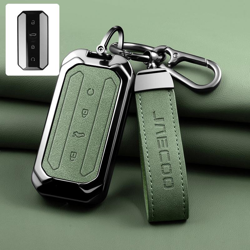 For Jaecoo JME Key Cover, 4 Colors Zinc Alloy Key Case with Leather Strap for Jaecoo 7 Omoda C7 Car Key Protector, Metal Key Fob Holder