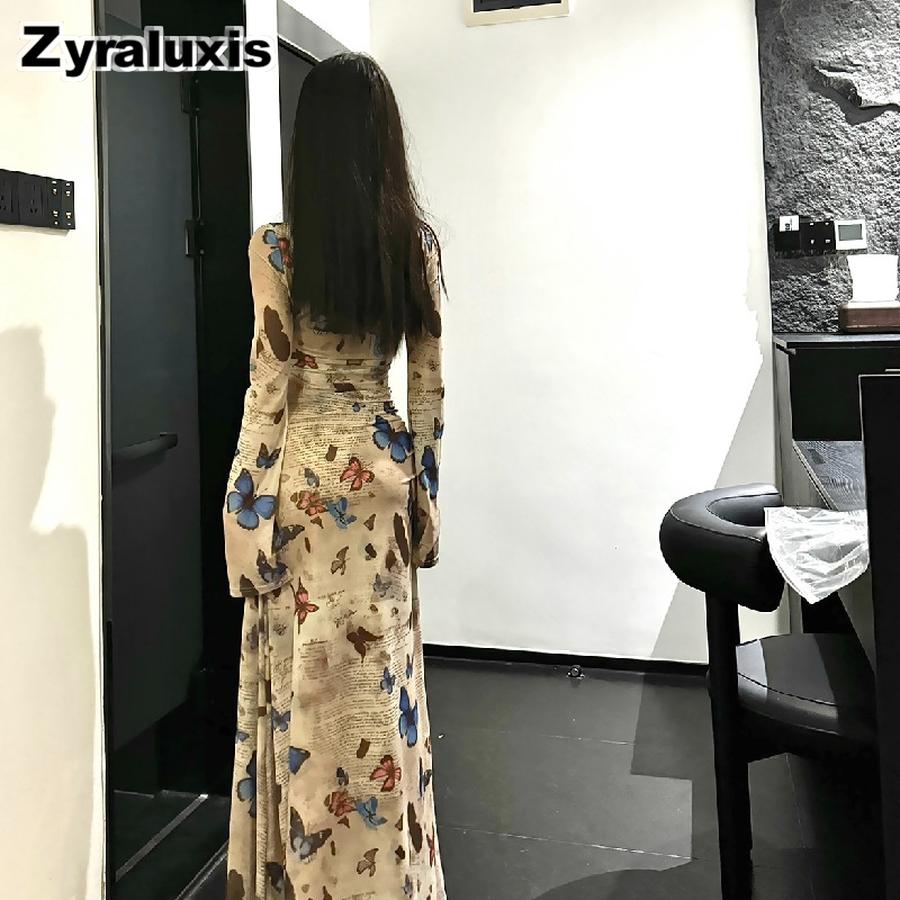Французское Винтажное Шифоновое Платье с Принтом Бабочек, Длинным Рукавом, для Женщин, Осенний Новый Стиль, Облегающее, Подчеркивающее Фигуру Платье-Галстук