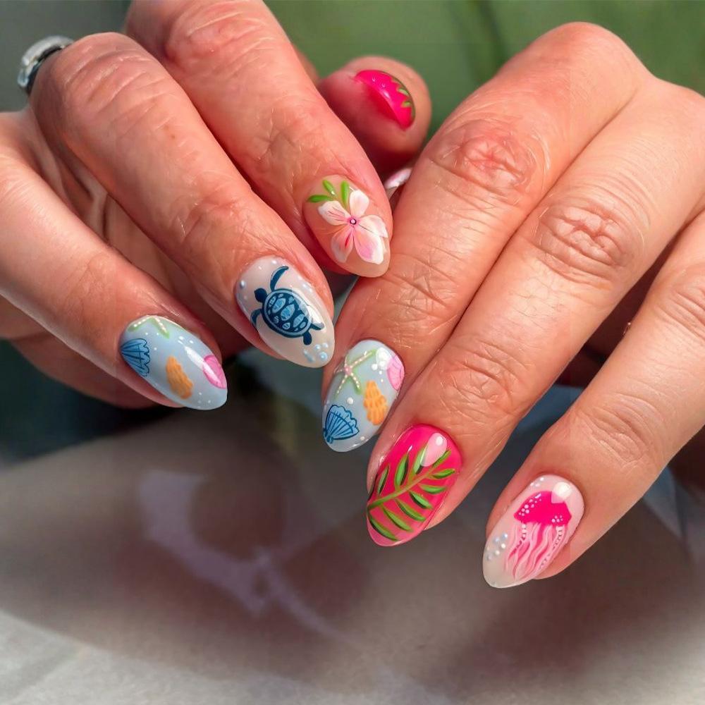 24Pcs Ocean Fish Pattern Press On Nails Short Oval Full Cover Summer Colorful Striped Fake Nails