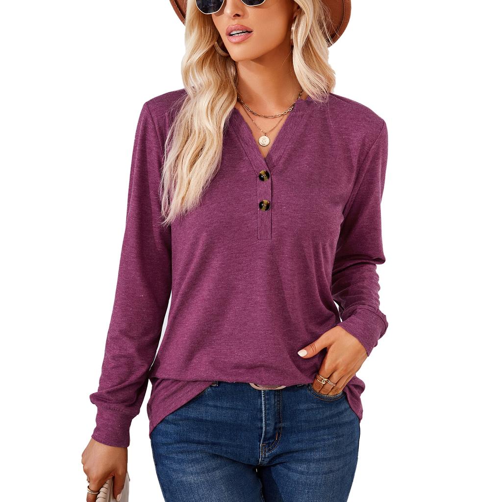 Spring Autumn Solid Color Top for Women V-neck Button Loose Long Sleeve T-shirt