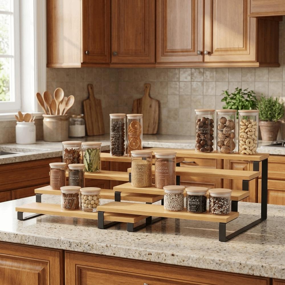 Large Capacity Expandable Step Storage Rack Bamboo Spice Condiment Shelf Countertop
