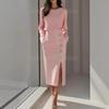 Модное платье для женщин в королевском стиле, однотонное, с круглым вырезом, разрезом на талии, металлической пуговицей, длинным рукавом