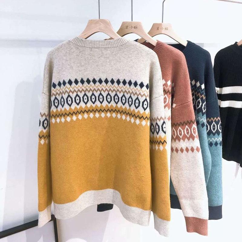 Весна Осень Винтаж Жаккард Круглый Вырез Вязаный Кардиган Женский Дикий Плюс Размер Свитер Пальто