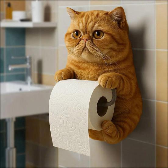Cat Toilet Paper Holder Wall-Mounted Toilet Roll Holder Bathroom Kitchen Loo Roll Organizer for Cat Lovers Housewarming Gift