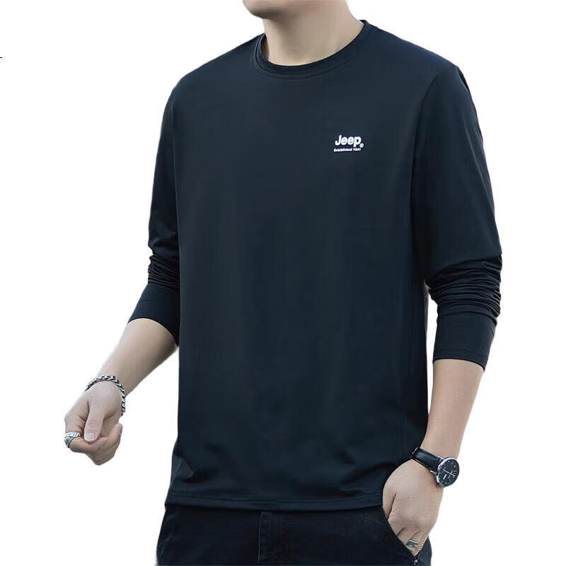 JEEP Men's Long-Sleeve T-Shirt, Loose Casual Round Neck Undershirt Top for Spring And Autumn, Black, Size L
