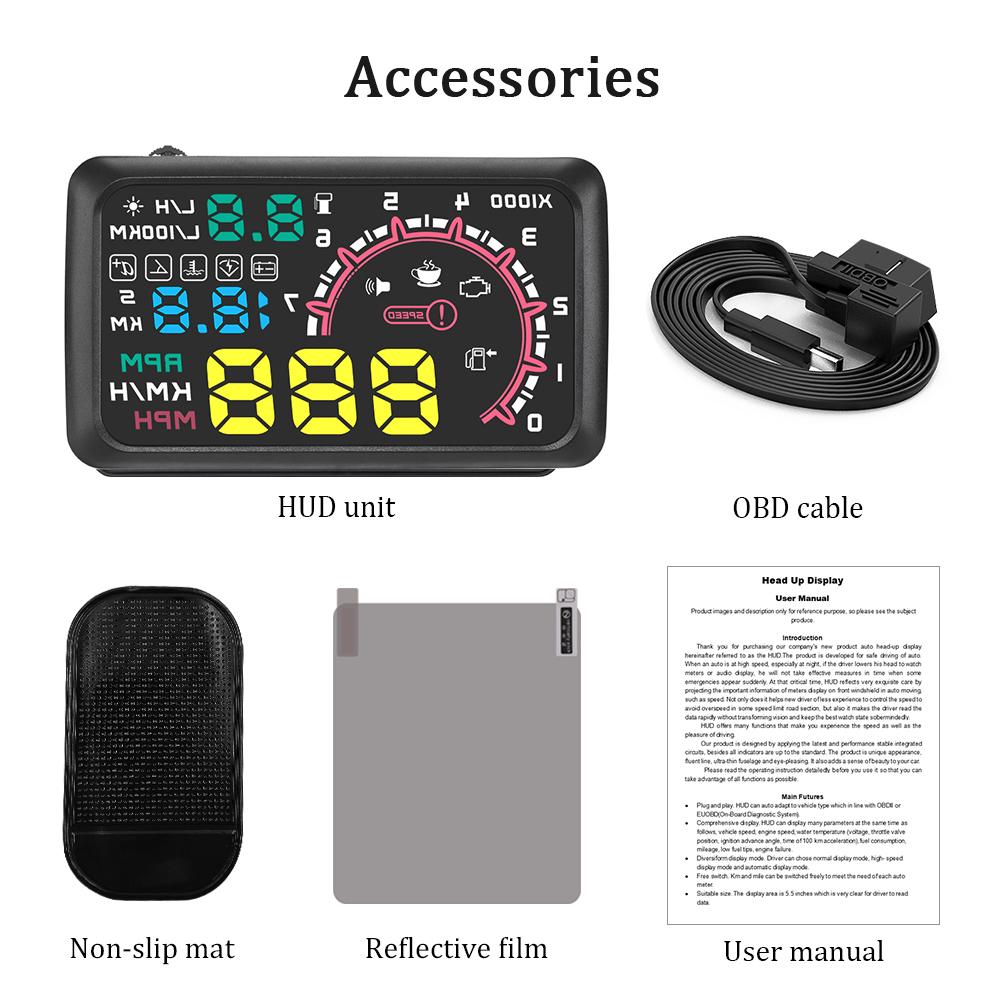 Автомобильный HUD проекционный дисплей 5,5 дюймов, км/ч и миль в час, предупреждение о превышении скорости OBD2, интерфейс, проектор на лобовое стекло