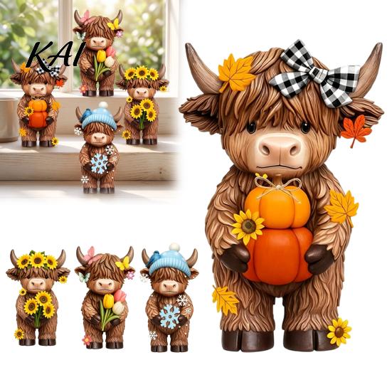 Cute Desk Decor for Office 4 Pcs Seasonal Highland Cow Figurines, Spring Summer Fall Winter Unique Gift Friends Seasons Scottish Statue, Resin