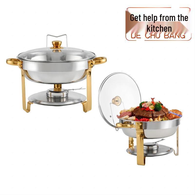 Stainless Steel 5L Round Alcohol Buffet Stove with Glass Lid and Hook for Outdoor Use