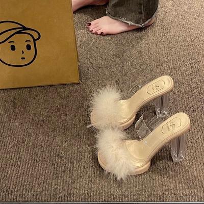 Модные прозрачные босоножки на высоком каблуке на одной перемычке 2025 новый дизайн фея ветер пушистые тапочки женские летние