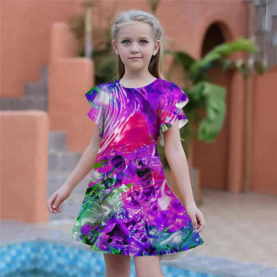 Girls Multi-colored Ice Cubes Print Dresses Kids Girl Party Dress Loose Fitting Loose Fitting Short Sleeved Skirt For Girls Over Four Years Old