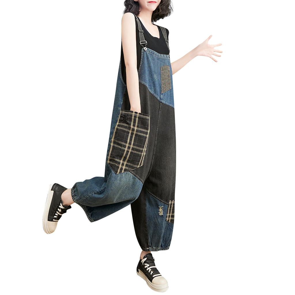 Женские модные джинсовые рюкзаки большого размера, свободные брюки с высокой талией в клетку, цельные широкие девятиминутные брюки