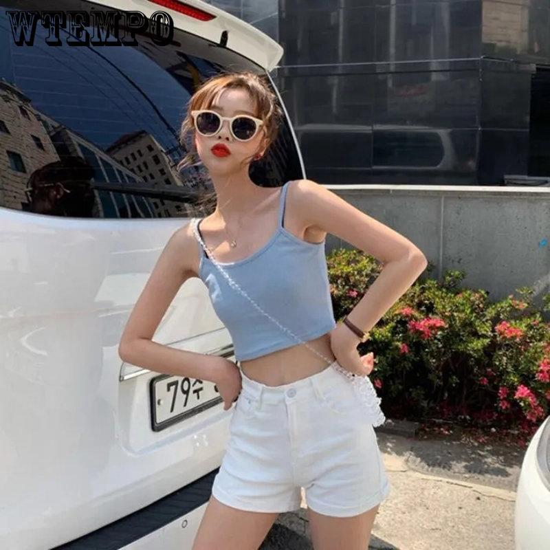 WTEMPO Женские летние укороченные топы без рукавов в корейском стиле, женские однотонные повседневные короткие майки с подкладкой, верхняя одежда