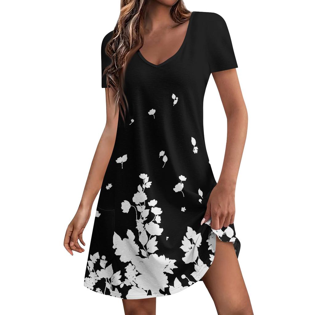 Женские модные повседневные платья с карманами и принтом в богемном стиле, пляжные платья с v-образным вырезом и короткими рукавами