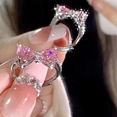 Кольцо с розовым цирконом и бантом, женское романтическое, сладкое и изысканное кольцо