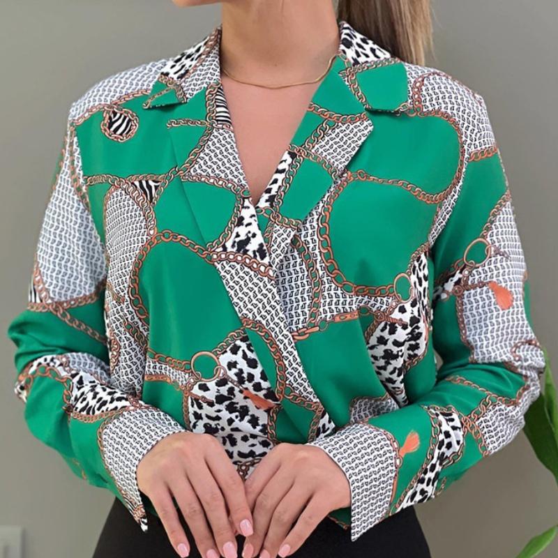 Женская осенняя свободная блузка-рубашка с длинным рукавом и V-образным вырезом