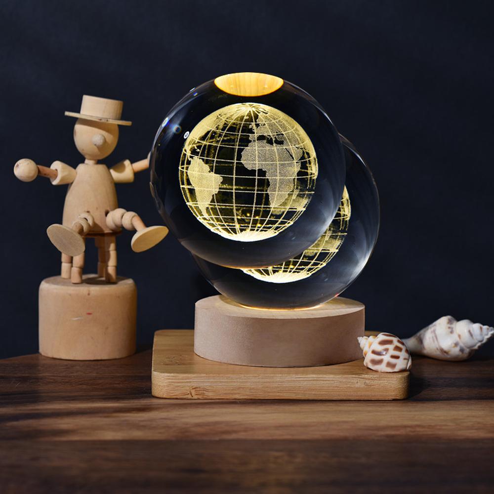 3D Galaxy Crystal Ball Lamp Лазерная гравировка Ночной светильник с деревянной основой для декора спальни,