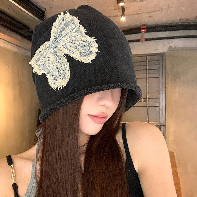 Niche design bow embroidery black pile hat women's spring and summer face small street big head circumference bag head hat