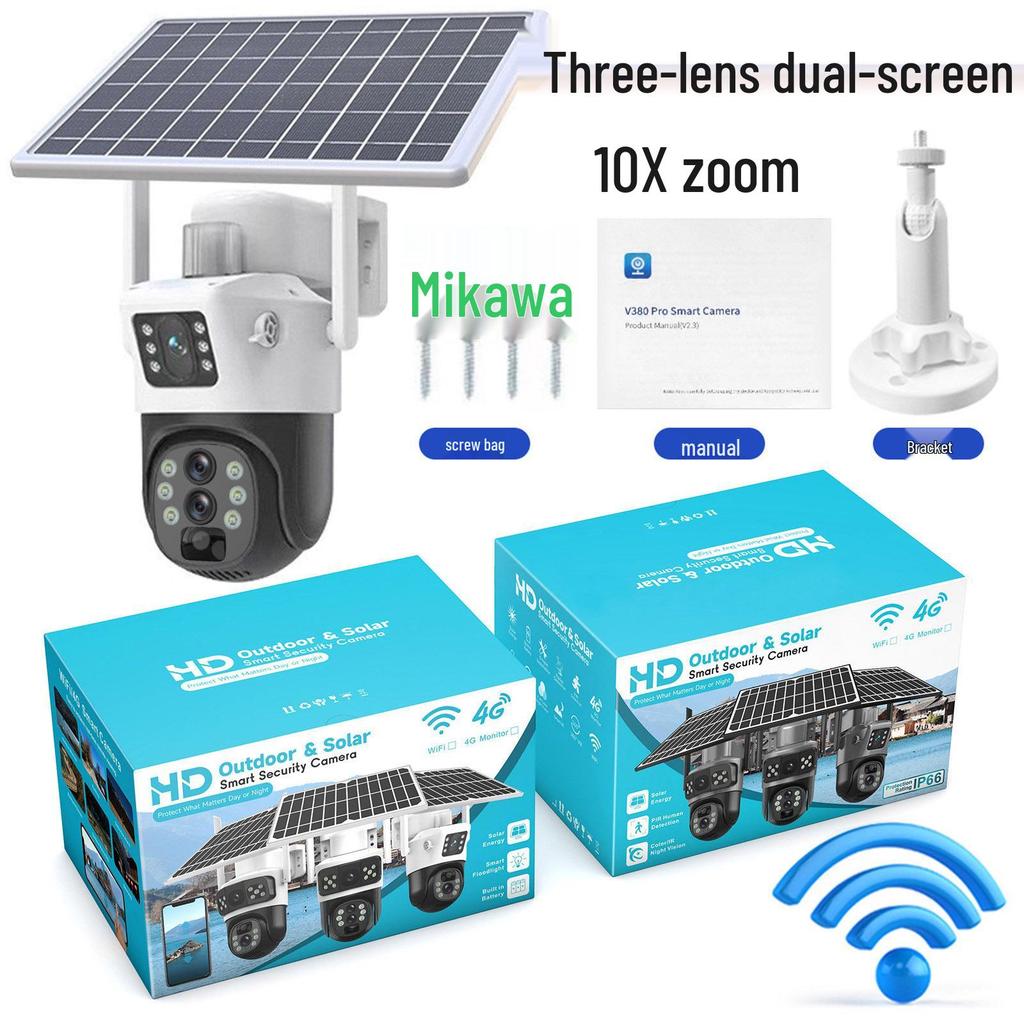 V380 4G Solar Camera with Dual-View, Triple-Lens, 10x Zoom, Low-Power, Wireless Bullet Ball Monitor