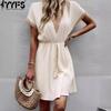 Women's Fashion Summer Spring Solid Color Print Short Sleeve V-Neck High Waist Casual Dresses