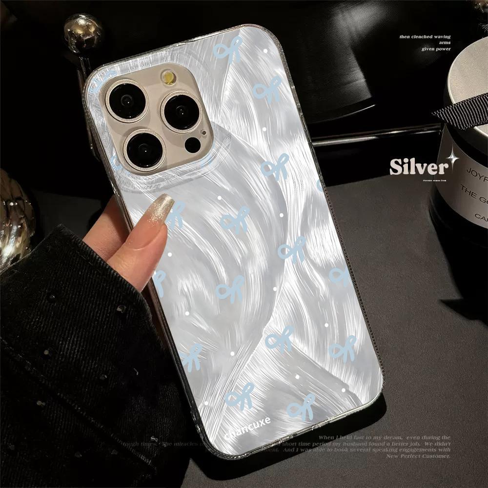 Чехол для телефона в девичьем стиле с бантом и надписью Love для iPhone 17 Pro 15 16 14 13 12 11 Pro Max 17e 16e 8 7 Plus XR XS X Серебристый Мягкий Ударопрочный Чехол