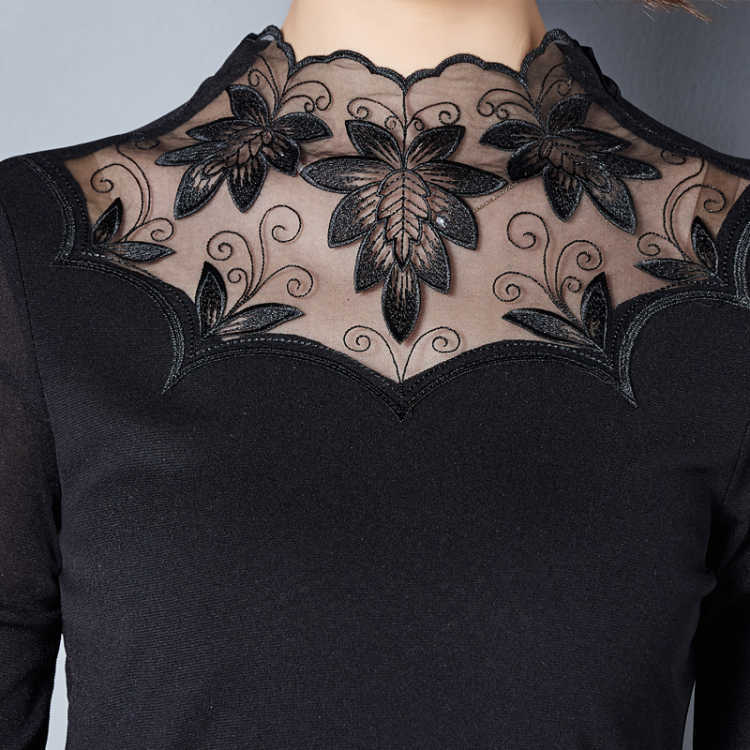 Lace T-shirt Women's Spring and Autumn Mesh Backing Shirt Women's Warm High Elastic T-shirt Slim Fit Top