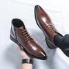 Men's British-Style Glossy Brown Leather Martin Boots with Pointed Toe and Side Zipper for Business Formal Wear.