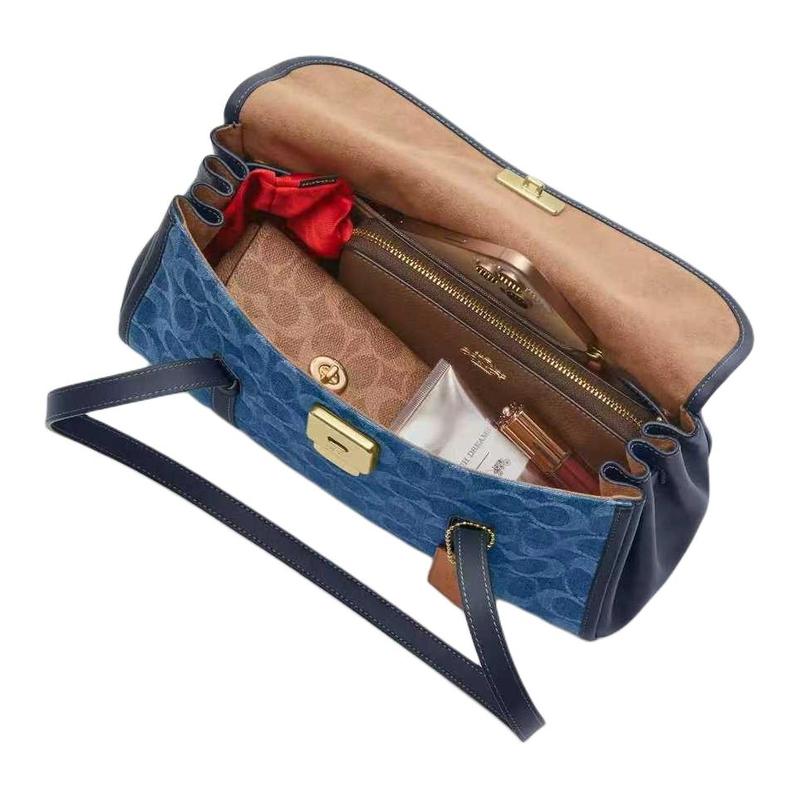 COACH Bridget 34 Classic Presbyopia Gold Logo Denim and Cowhide and Smooth Leather Shoulder Bag Large Women's Indigo
