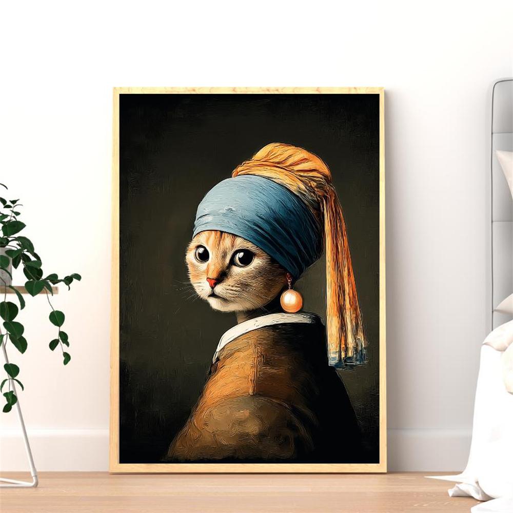 Cat With Pearl Earring Print Mona Lisa Cat Classic Art Cat Poster Renaissance Style Wall Art Parody Cat Canvas Painting Decor