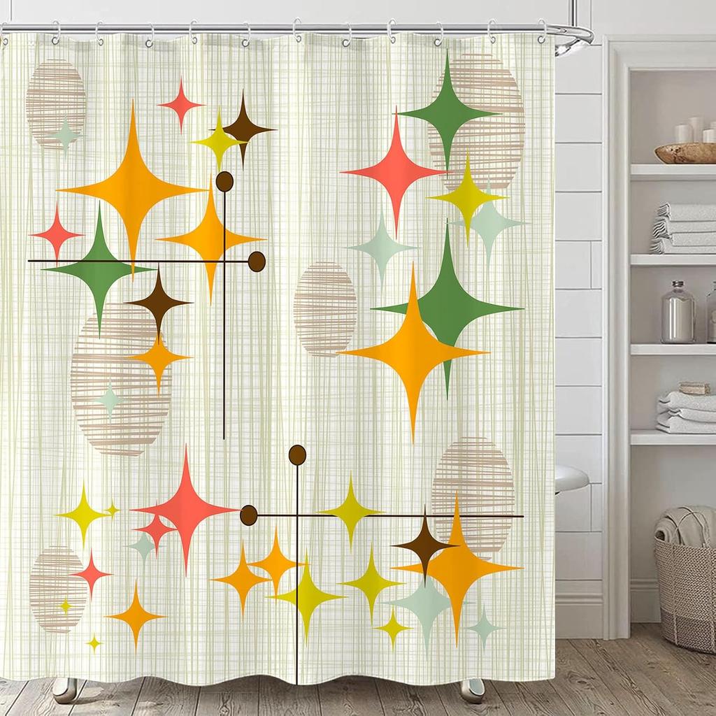 Шторка для душа в стиле Mid Century Modern, ретро-звезды, абстрактное бохо-искусство, 72x72 дюйма, водонепроницаемый, винтажный декор для ванной комнаты с крючками, желтый
