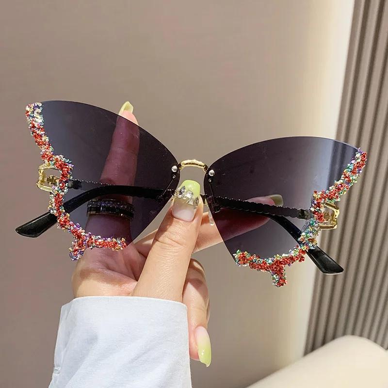 New Luxury Rimless Anti Blue Light Butterfly Sunglasses Ladies Fashion Unique Outdoor Eye Protection Eyewear Diamond Goggles