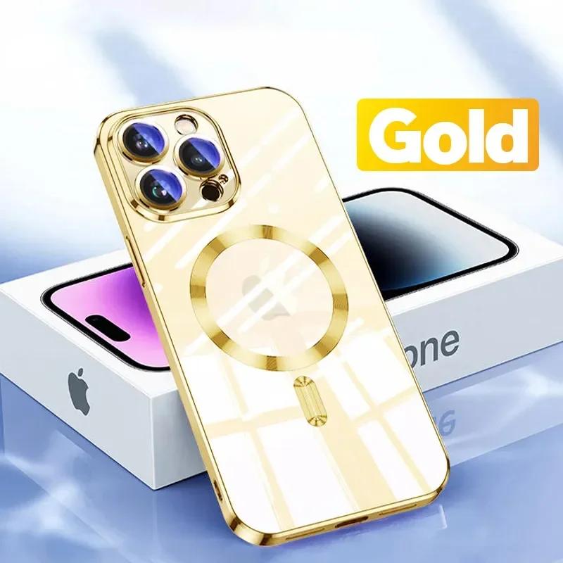 Роскошный чехол для телефона Magsafe с беспроводной зарядкой для iPhone 15 14 13 12 11 Pro Max Plus, прозрачный магнитный гальванический чехол-бампер
