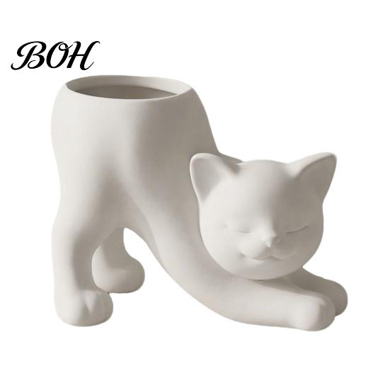 Indoor Succulents Container 3D Printed Stretching Cat Planter Pot, Cute Kitty Creative Desktop Plant Holder Animal Flowerpot, Lovely Kitten