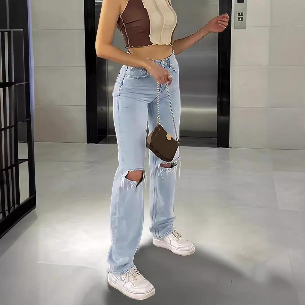 Женские удобные свободные джинсы с высокой талией и широкими штанинами. Женские тонкие повседневные брюки с рваными краями.