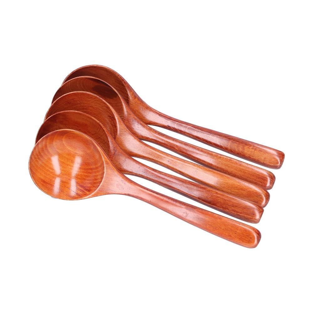 5Pcs Long Handle Soup Spoon Wood Mixing Spoon Easy To Clean Spoon Daily Dining