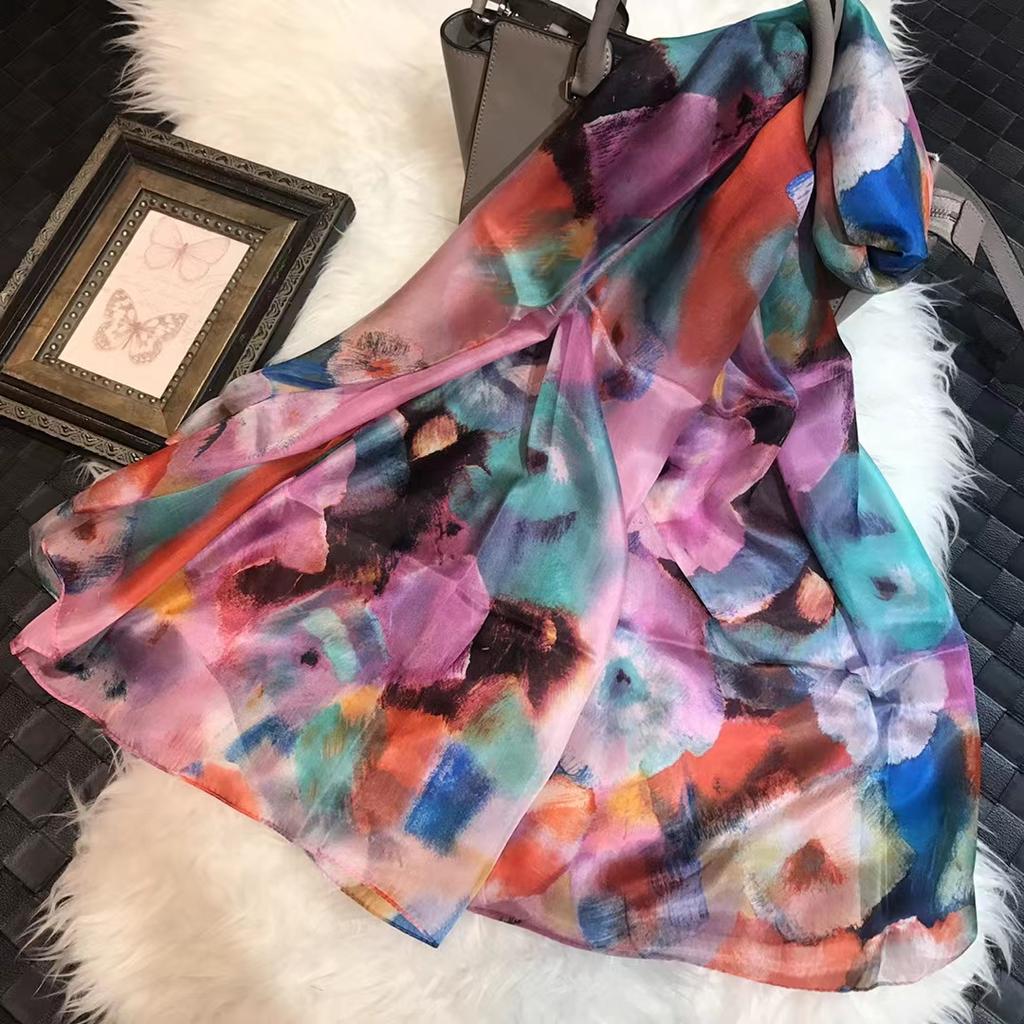 Белый 100% Шелковый Шарф Женские Шарфы Bufandas Летние Пляжные Шали Foulard Осень Зима Цветочный Дизайн Длинные Шарфы на Шею Хиджабы
