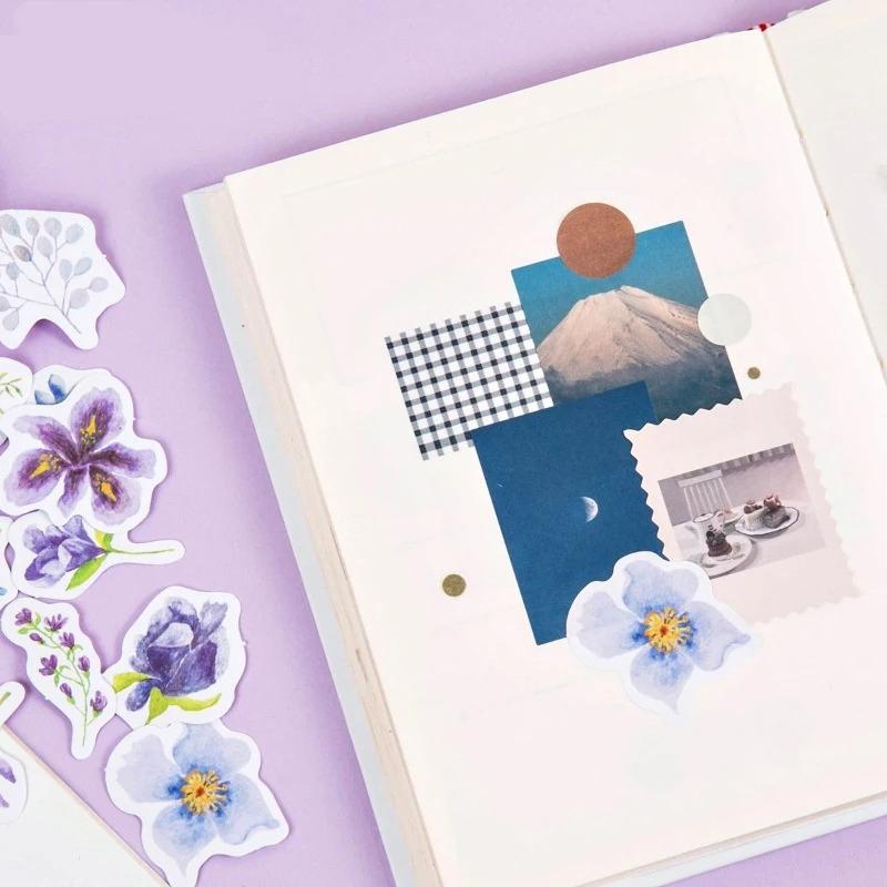 46 Pieces/box of Purple Flower Box Stickers Handmade DIY Decorative Collage Sealing Stickers Student Supplies Sealing Sticker