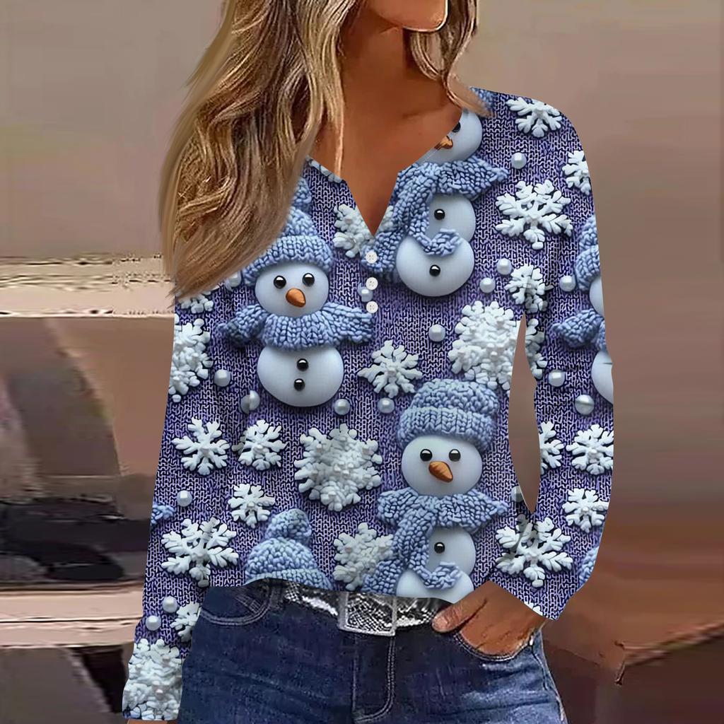 Women's Fashion Casual V-Neck Button-Up Long-Sleeve T-Shirt With Christmas Print Top