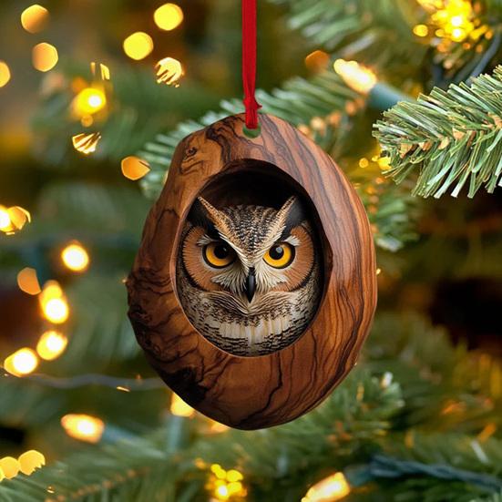 5Pcs Christmas Animal Ornaments 2D Acrylic Cute Wildlife Pendant Raccoon Owl Squirrel Hedgehog Bird Tree Hole Wood Texture Hanging Decorations