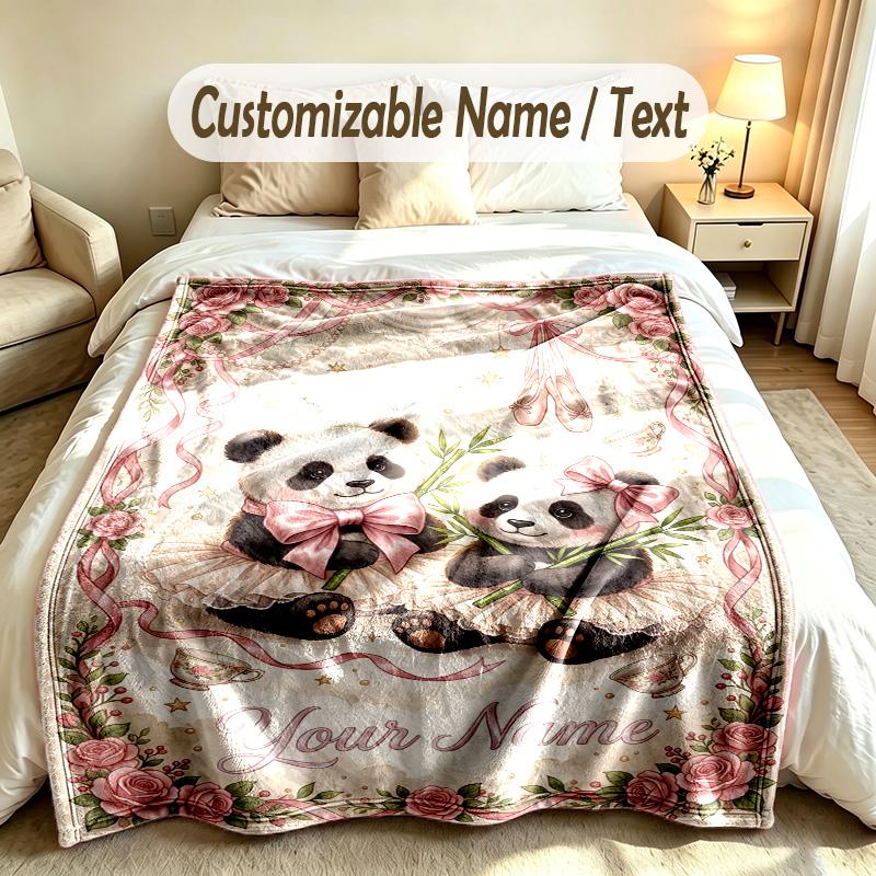 Panda Theme Custom Blanket Personalized Name & Text Customized Soft Warm Throw Blanket Home Decor