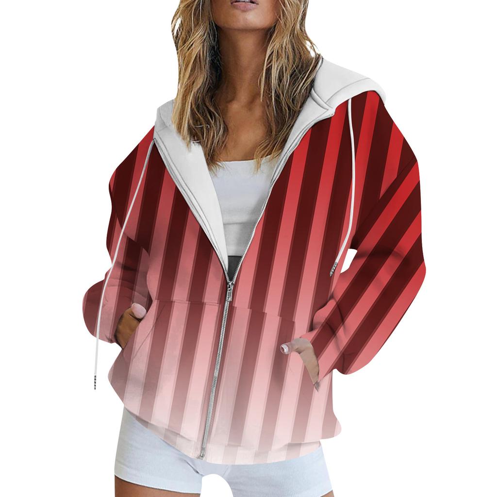 Women's Long Sleeve Print Sweatshirt Long Sleeve Pocket Jacket Zipper Hoodie Coat