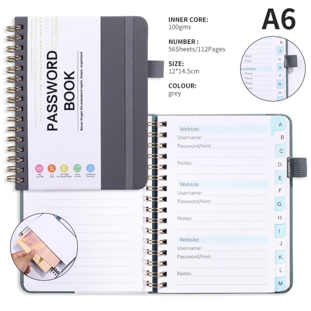 With Alphabetical Tabs Pocket Password Keeper Book Coil Book A6/B6 Size Password Keeper Notebook Portable with Penholder