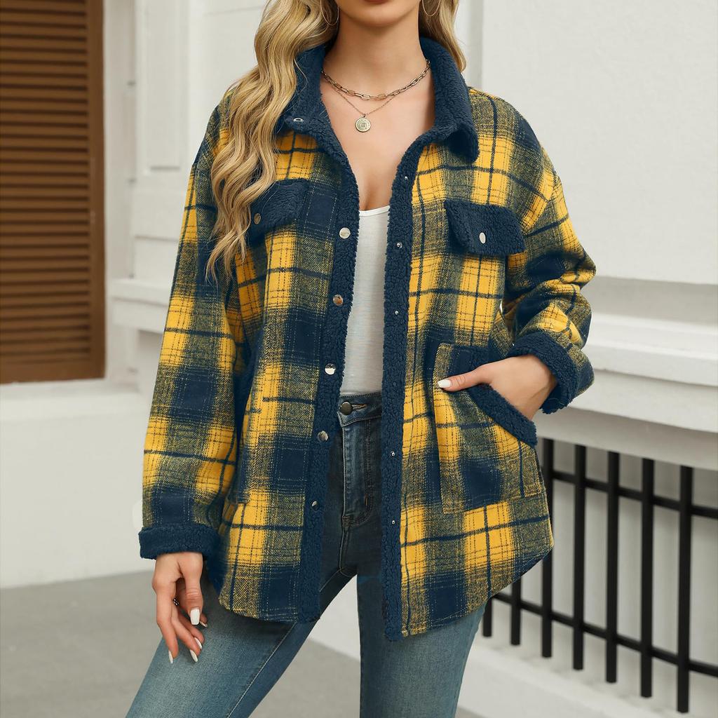 Women's Fashion Loose  Color Plaid Pocket Casual Lapel Plush Jacket Coat