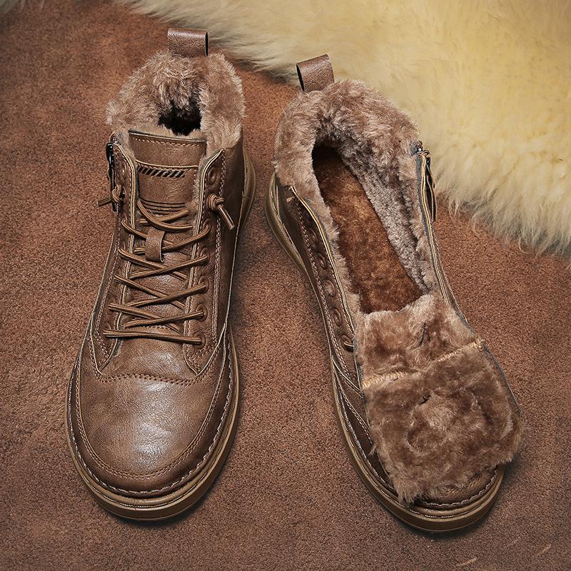 Winter Mid Cut Men's Boots With Warm Fur Trendy Outdoor Men's Trendy Boots With Side Zipper Retro Lace Up Men's Casual Shoes