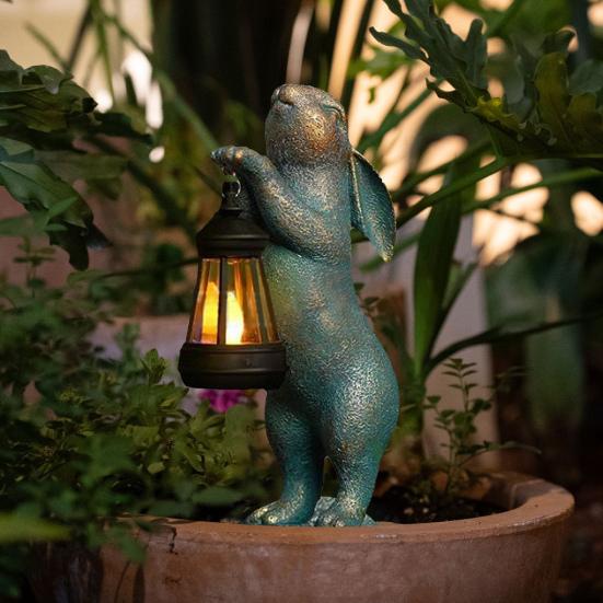 Garden Rabbit Figurine with Solar Lantern Indoor Outdoor Resin Bunny Statue Sculpture Patio