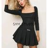 Spring New Women's Clothing Fashion Style Casual Minimalist Square Collar Long Sleeve Hem Pleated Short Mini Dress