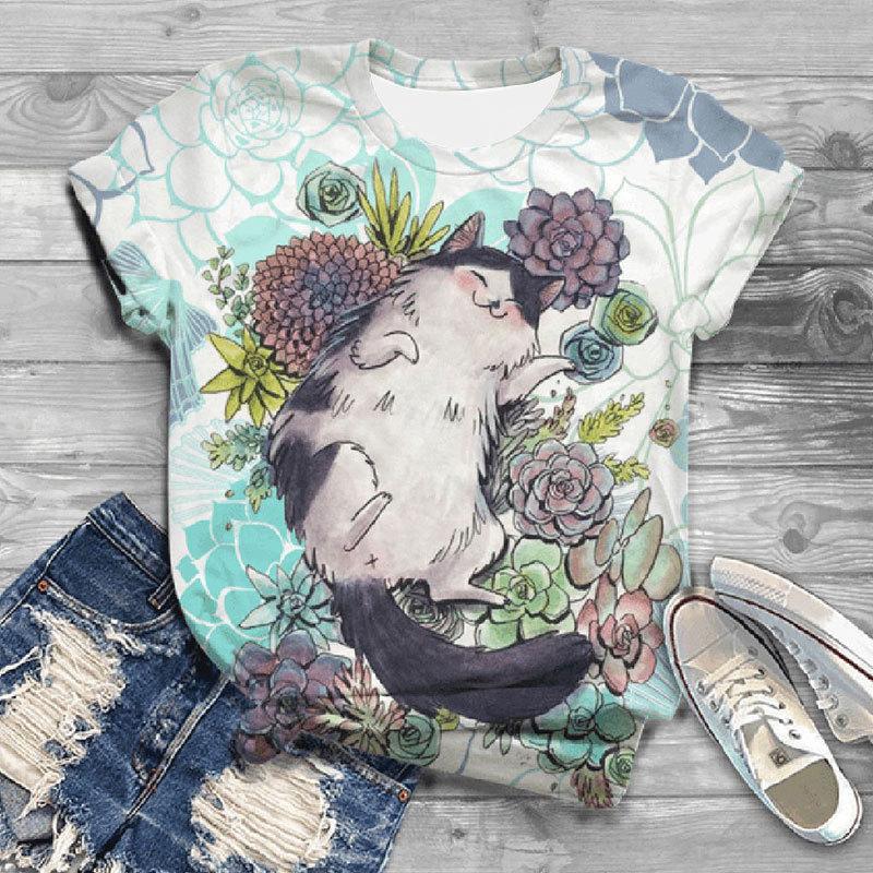 Summer Round Neck 3D Animal Cat Dog Print Top Fashionable Casual Short Sleeved Women's T-shirts
