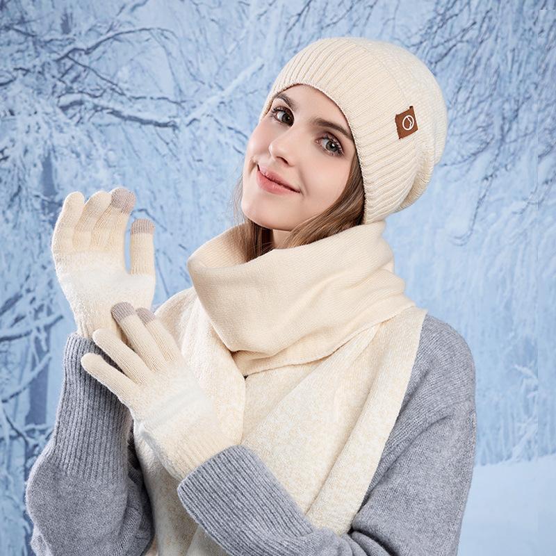 Winter Hat, Gloves, Scarf, Three-piece Set, Outdoor Cold-proof and Warm Pullover Hat, Fleece Ear Protector, Knitted Wool Hat for Women