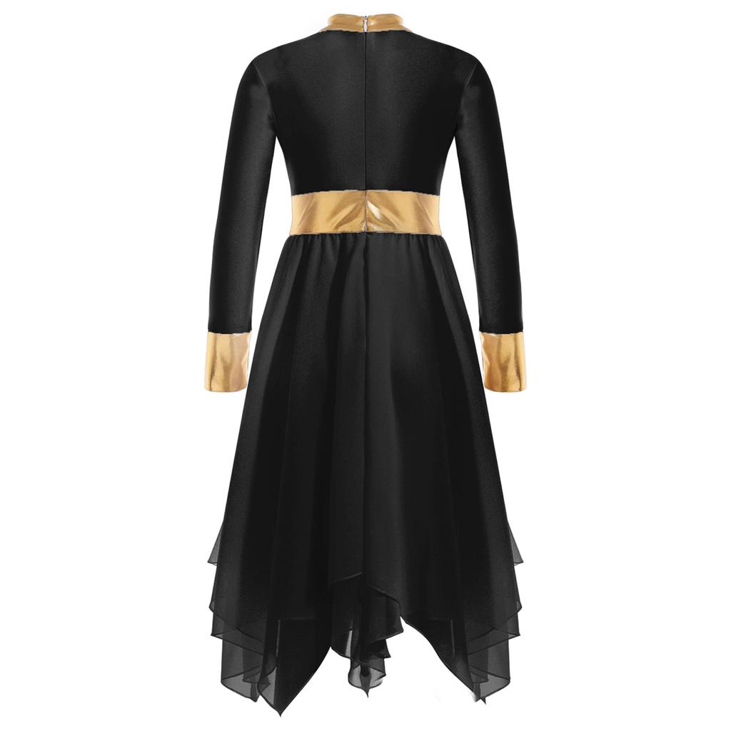 Детское блестящее металлизированное платье-туника с длинными рукавами для девочек, асимметричное платье-туника, лирический костюм для современного танца