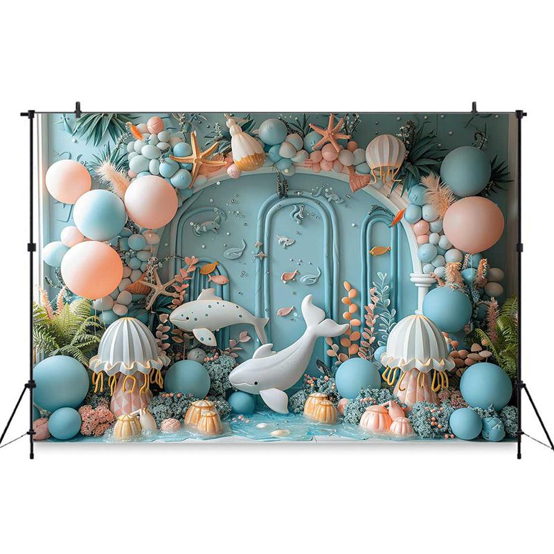 Mocsicka Whale Photography Backdrop Underwater Octopus Starfish Balloons Decors Backgrounds Baby Birthday Photo Studio Wallpaper